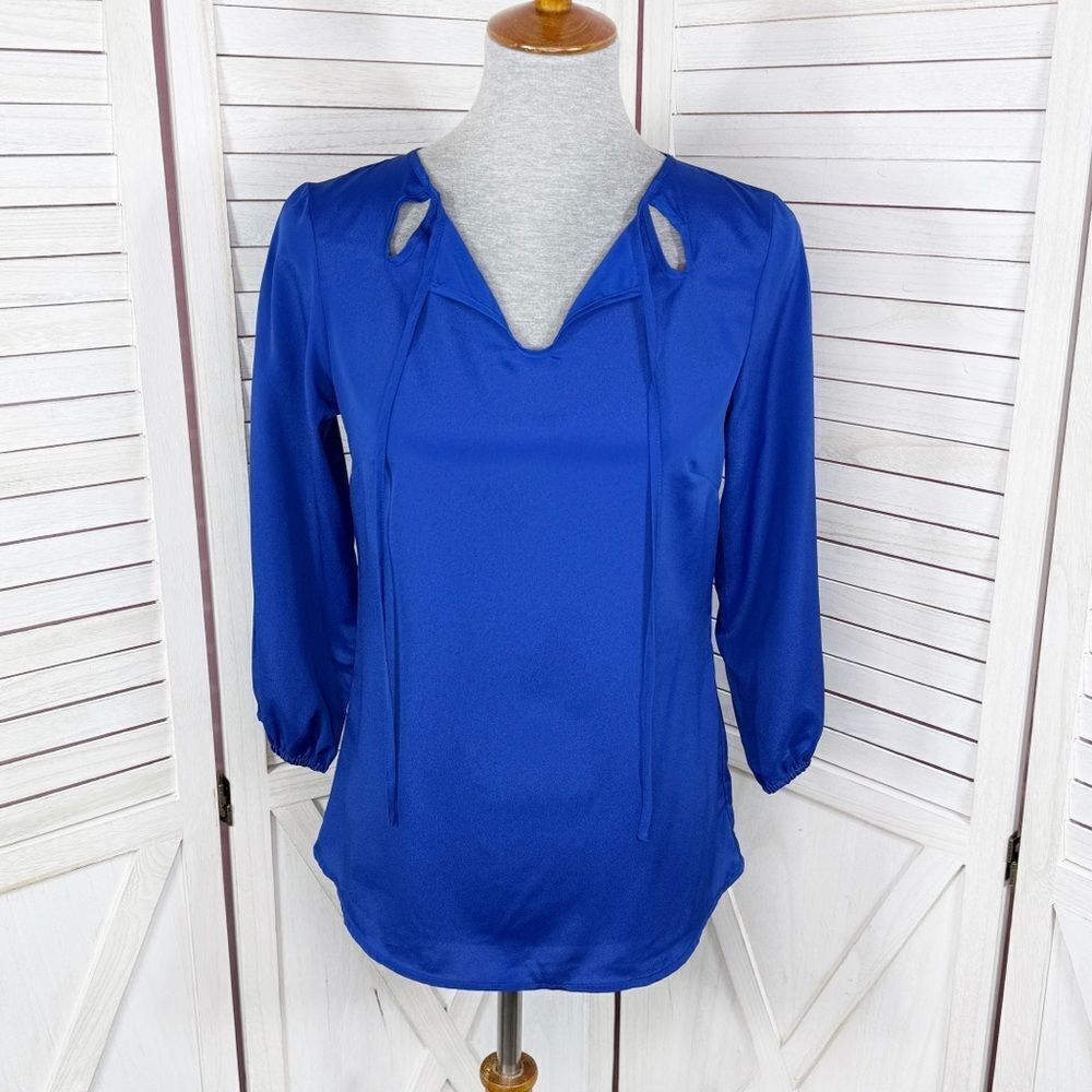 The Limited Cutouts Tie Neck Shimmer Crepe Blouse Blue XS